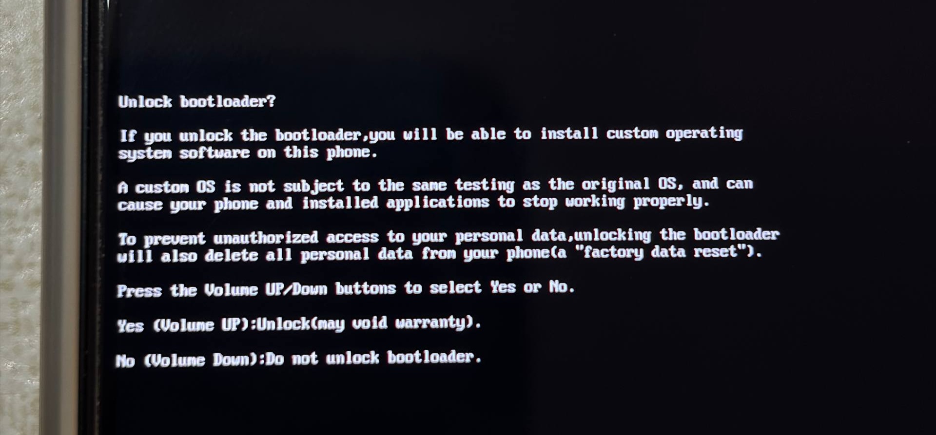 Bootloader unlock confirmation screen